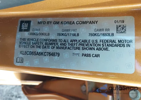 2019 Chevrolet Spark Ls Cvt z USA, uszkodzony, nr VIN KL8CB6SA6KC764879